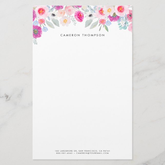 Pastellrosa und Lila Wasserfarben Blumengarten Briefpapier (Vorderseite)