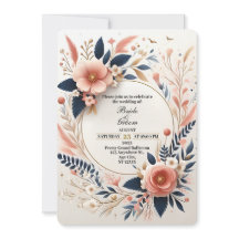 Pastellrosa und marineblaue Floral-Hochzeitseinlad