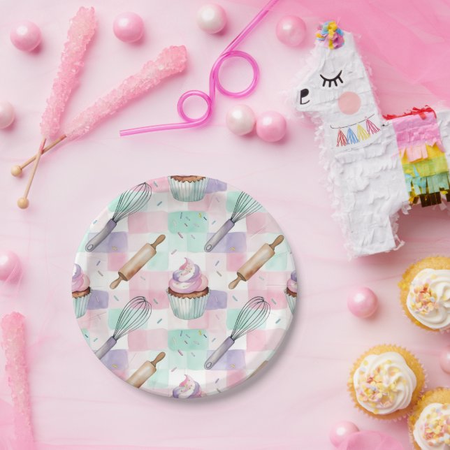 Pastellrosa und Minz-Cupcake-Backmuster Pappteller (Party)