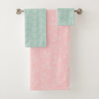 Pastellrosa und minzgrün geblümtes Handtuch Set