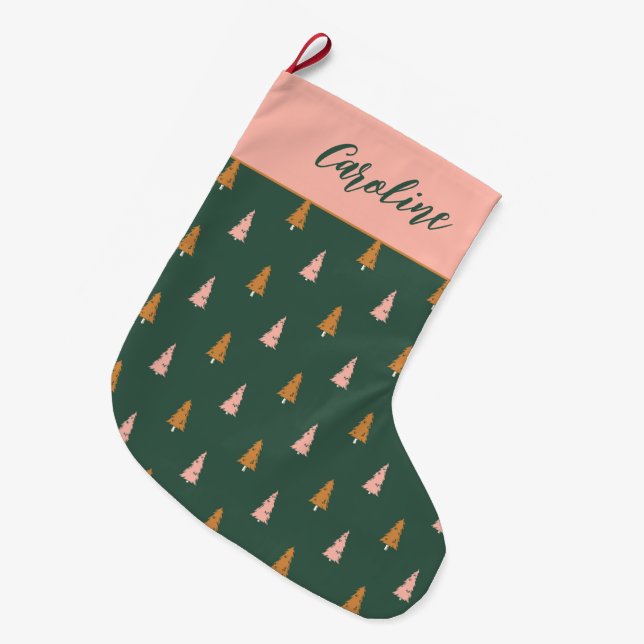 Pastellrosa und waldgrüne Bäume Urlaub Großer Weihnachtsstrumpf (Vorderansicht (hängend))