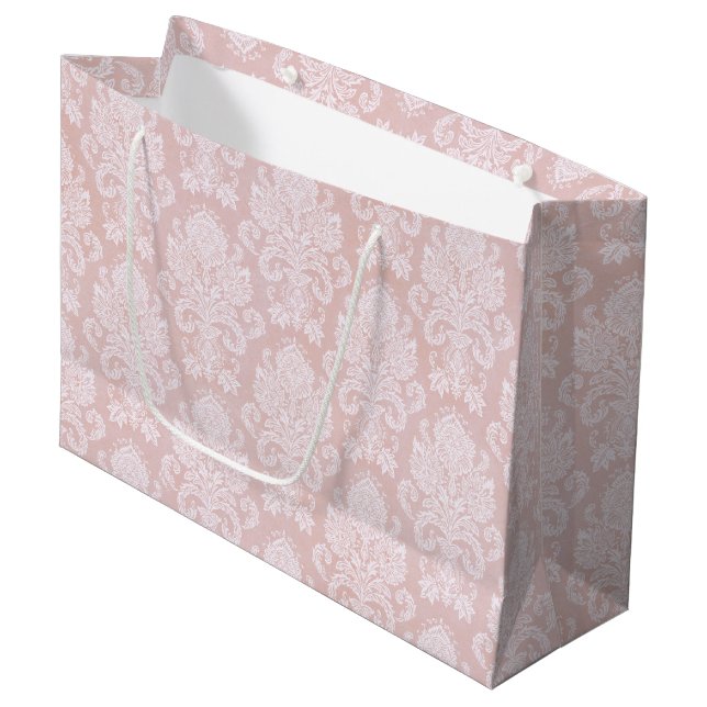 Pastellrosa und weißer Damast Große Geschenktüte (Vorderseite Schrägansicht)