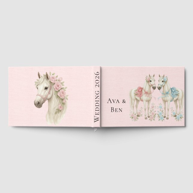 Pastellrosa und Weißes Pferd Hochzeit Gästebuch (Voll)