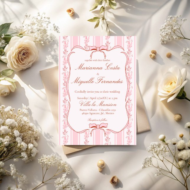 Pastellrosa Vintage Blumenstreifen Hochzeit Einladung (Pastel pink vintage retro floral stripes wedding invitation cards with qr RSVP template digital)