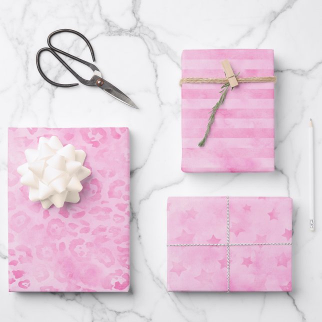 Pastellrosa Wasserfarben Leopard Streifen Stangen  Geschenkpapier Set (Vorderseite)