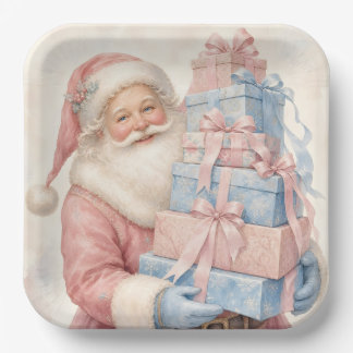 Pastellrosa Weihnachtsmann mit Geschenken Pappteller