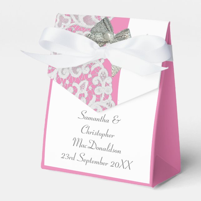Pastellrosa-weiße Damastelhochzeit Geschenkschachtel (Vorderseite)