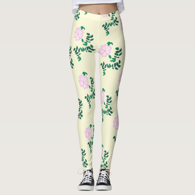 Pastellrosa Wilde Rose Blume Leggings (Vorderseite)