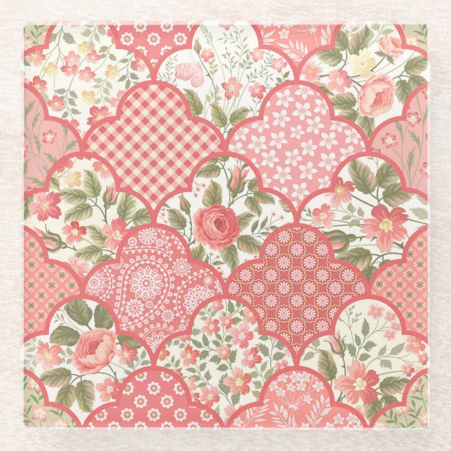 Pastellrosen Blumen-Patchwork-Muster Glasuntersetzer (Vorderseite)