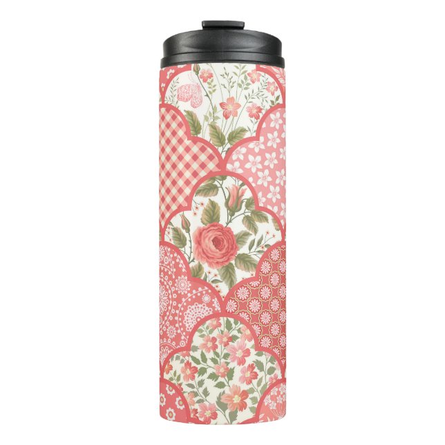 Pastellrosen Blumen-Patchwork-Muster Thermosbecher (Vorderseite)