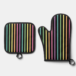 Pastellrost Muster auf schwarzen Streifen Ofenhandschuh & Topflappen-Set