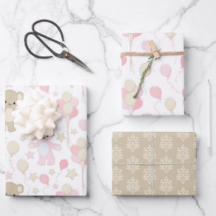PASTELLSCHIRME AUS PINK & TAN TEDDY BEARS STARS GESCHENKPAPIER SET