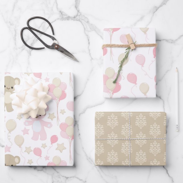 PASTELLSCHIRME AUS PINK & TAN TEDDY BEARS STARS GESCHENKPAPIER SET (Vorderseite)