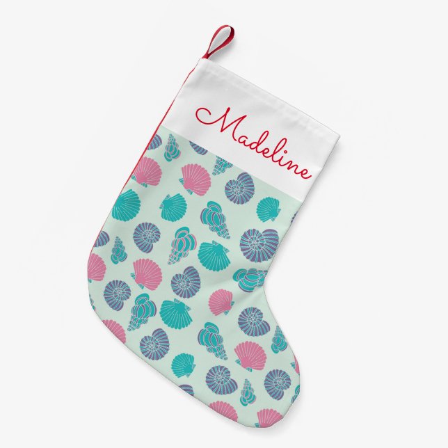 Pastellseashell-Muster | addieren Ihren Namen Kleiner Weihnachtsstrumpf (Vorderansicht (hängend))