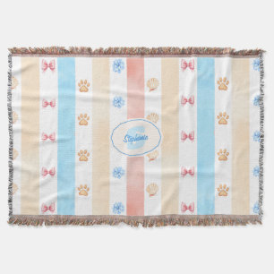 Pastellstreifen - Paw-Prints, blaue Blume, rosa Bo Decke