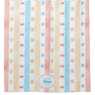 Pastellstreifen - Paw-Prints, blaue Blume, rosa Bo Duschvorhang