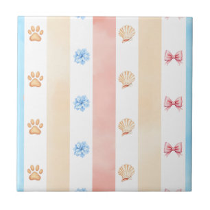Pastellstreifen - Paw-Prints, blaue Blume, rosa Bo Fliese