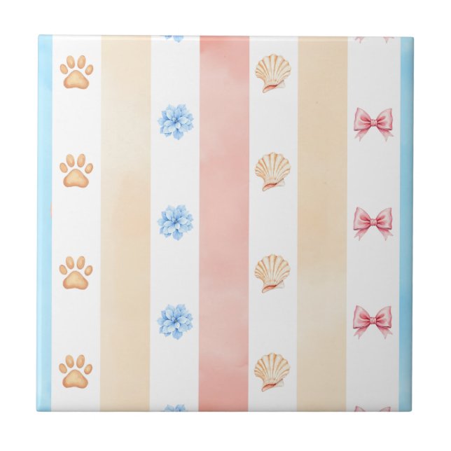 Pastellstreifen - Paw-Prints, blaue Blume, rosa Bo Fliese (Vorderseite)