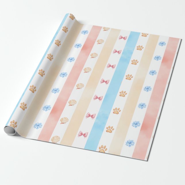 Pastellstreifen - Paw-Prints, blaue Blume, rosa Bo Geschenkpapier (Ungerollt)