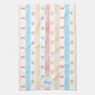 Pastellstreifen - Paw-Prints, blaue Blume, rosa Bo Geschirrtuch