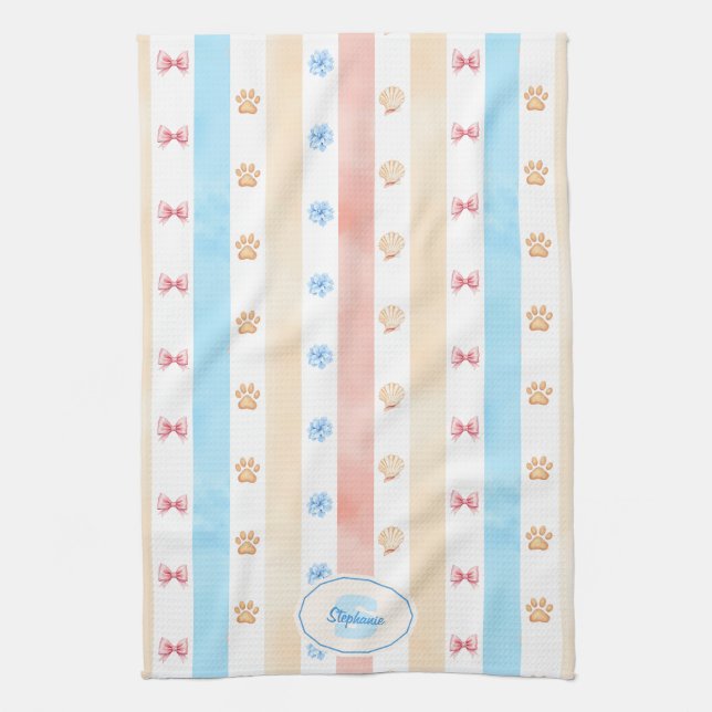 Pastellstreifen - Paw-Prints, blaue Blume, rosa Bo Geschirrtuch (Vertikal)