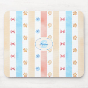 Pastellstreifen - Paw-Prints, blaue Blume, rosa Bo Mousepad