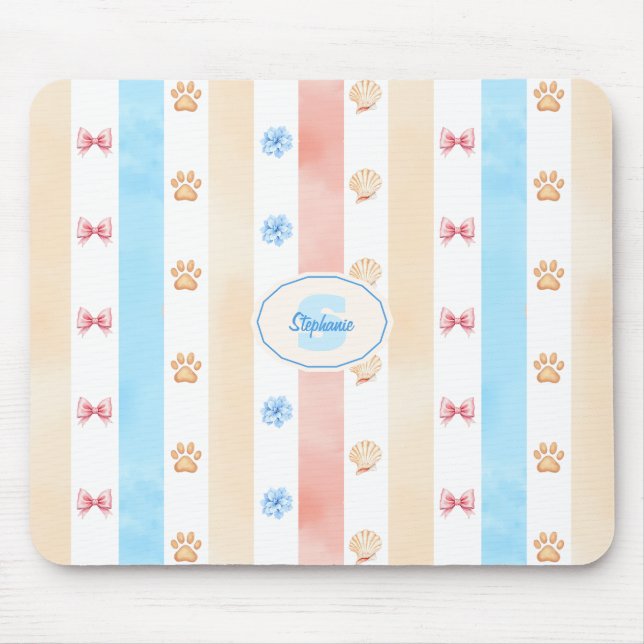 Pastellstreifen - Paw-Prints, blaue Blume, rosa Bo Mousepad (Vorne)