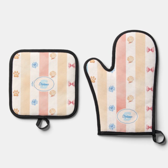 Pastellstreifen - Paw-Prints, blaue Blume, rosa Bo Ofenhandschuh & Topflappen-Set (Vorderseite)