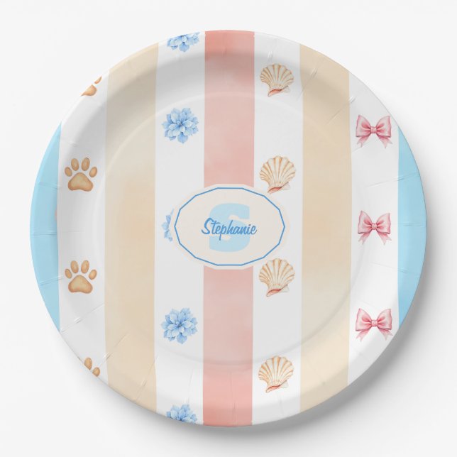 Pastellstreifen - Paw-Prints, blaue Blume, rosa Bo Pappteller (Vorderseite)