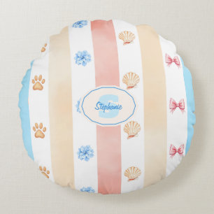 Pastellstreifen - Paw-Prints, blaue Blume, rosa Bo Rundes Kissen