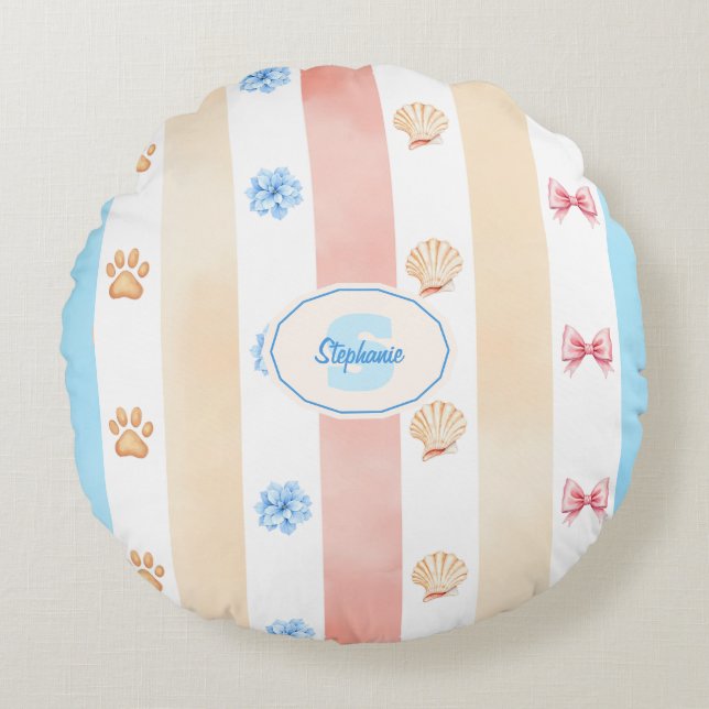 Pastellstreifen - Paw-Prints, blaue Blume, rosa Bo Rundes Kissen (Vorderseite)