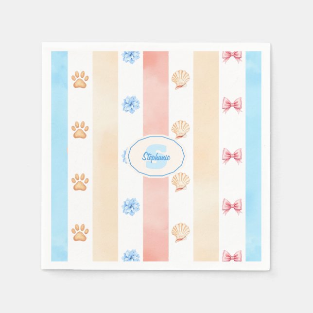 Pastellstreifen - Paw-Prints, blaue Blume, rosa Bo Serviette (Vorderseite)