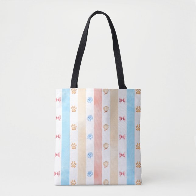 Pastellstreifen - Paw-Prints, blaue Blume, rosa Bo Tasche (Vorderseite)
