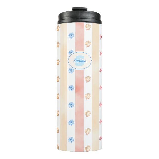 Pastellstreifen - Paw-Prints, blaue Blume, rosa Bo Thermosbecher (Vorderseite)