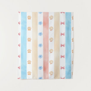 Pastellstreifen - Paw-Prints, blaue Blume, rosa Bo Wandteppich