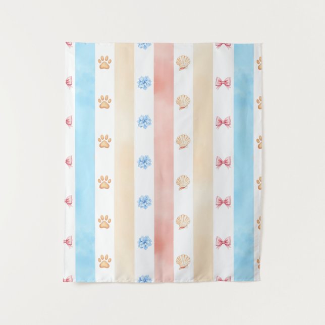 Pastellstreifen - Paw-Prints, blaue Blume, rosa Bo Wandteppich (Vorderseite)