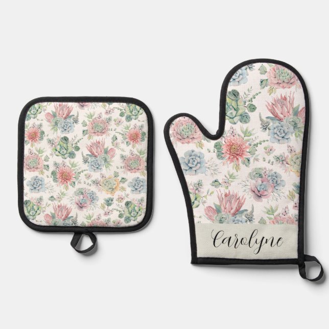 Pastellsukkulturen und Blume Muster Personalisiert Ofenhandschuh & Topflappen-Set (Vorderseite)