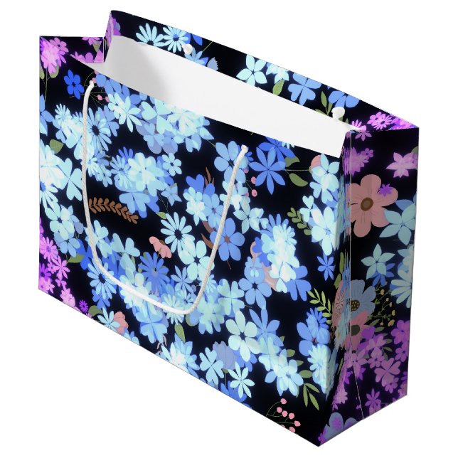 Pastelltöne Blumenmuster Schwarz BG Große Geschenktüte (Vorderseite Schrägansicht)