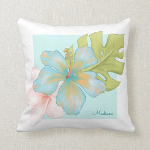 Pastelltropische Floral-Vereinbarung mit Namen Kissen