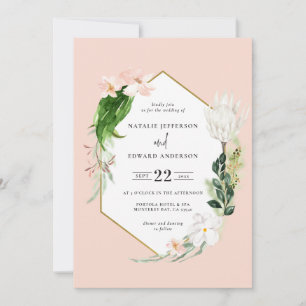 Pastelltropische + goldene, geometrische Hochzeits Save The Date