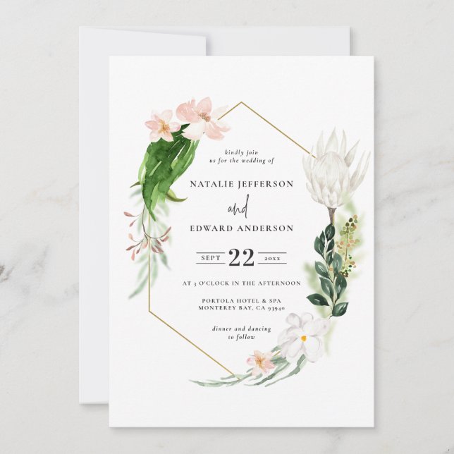 Pastelltropische + goldene, geometrische Hochzeits Save The Date (Vorderseite)