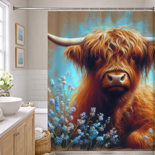 Pastellzeichnung Highland-Kuh Blaue Blumen Duschvorhang