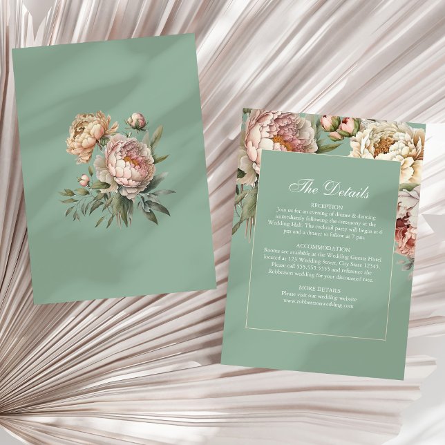 Pastellzettel und Blush Peonies - Hochzeitsdetails Einladung (Pastel Sage & Blush Peonies Wedding Details Card on a sunny neutral dry palm leaf.)