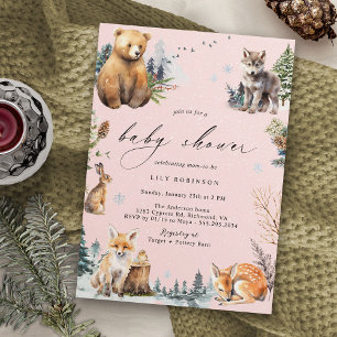Pastelpink   Niedliche Winter Forest Girl Babydusc Einladung