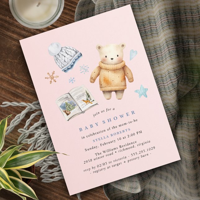 Pastelpink | Polar Bear Winter Girl Babydusche Einladung (Von Creator hochgeladen)