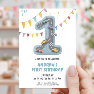 Pastelrace Track Erster Geburtstag Einladung