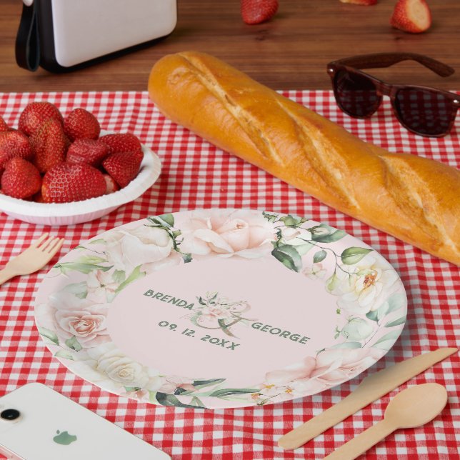 Pastelrosa Rosen Wasserfarbenkranz Pappteller (Picknick)