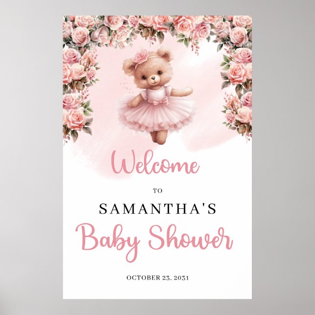 Pastelrosa Tutu Ballerina Teddybär Willkommen Poster (Vorne)
