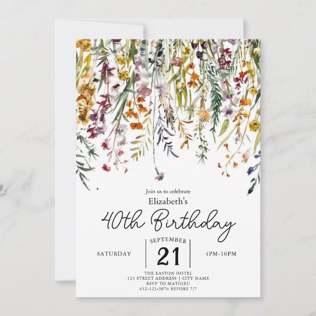 Pastels Chic Wildblumen 40. Geburtstag Einladung (Vorderseite)