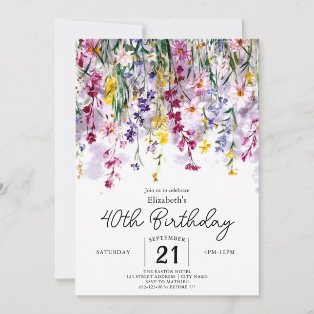 Pastels Custom Wildblumen 40. Geburtstag Einladung (Vorderseite)